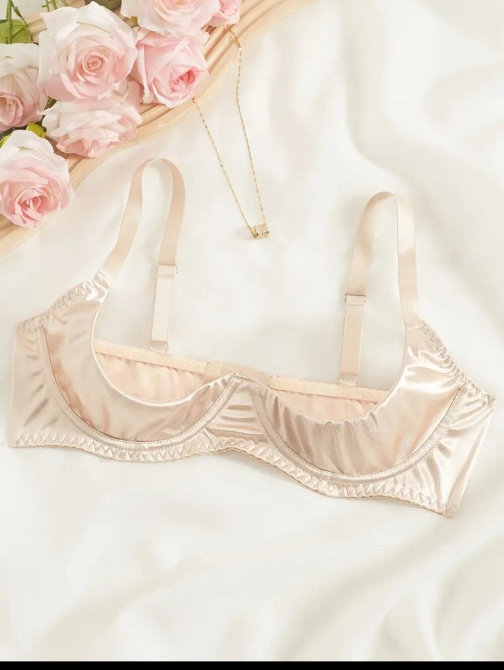 Satin Half Cup Balconette Bra in Champagne